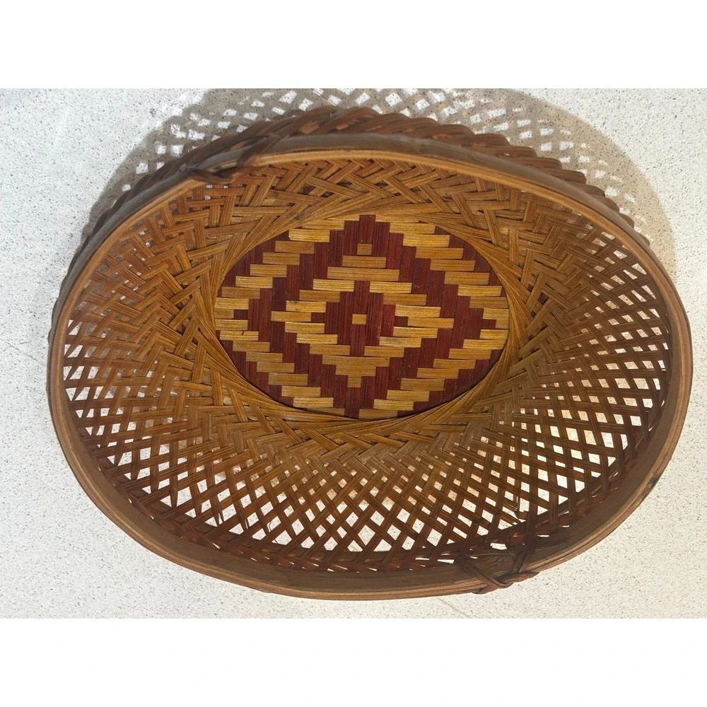 Vintage Woven Bamboo Basket Oval Lattice Diamond Pattern Boho Decor